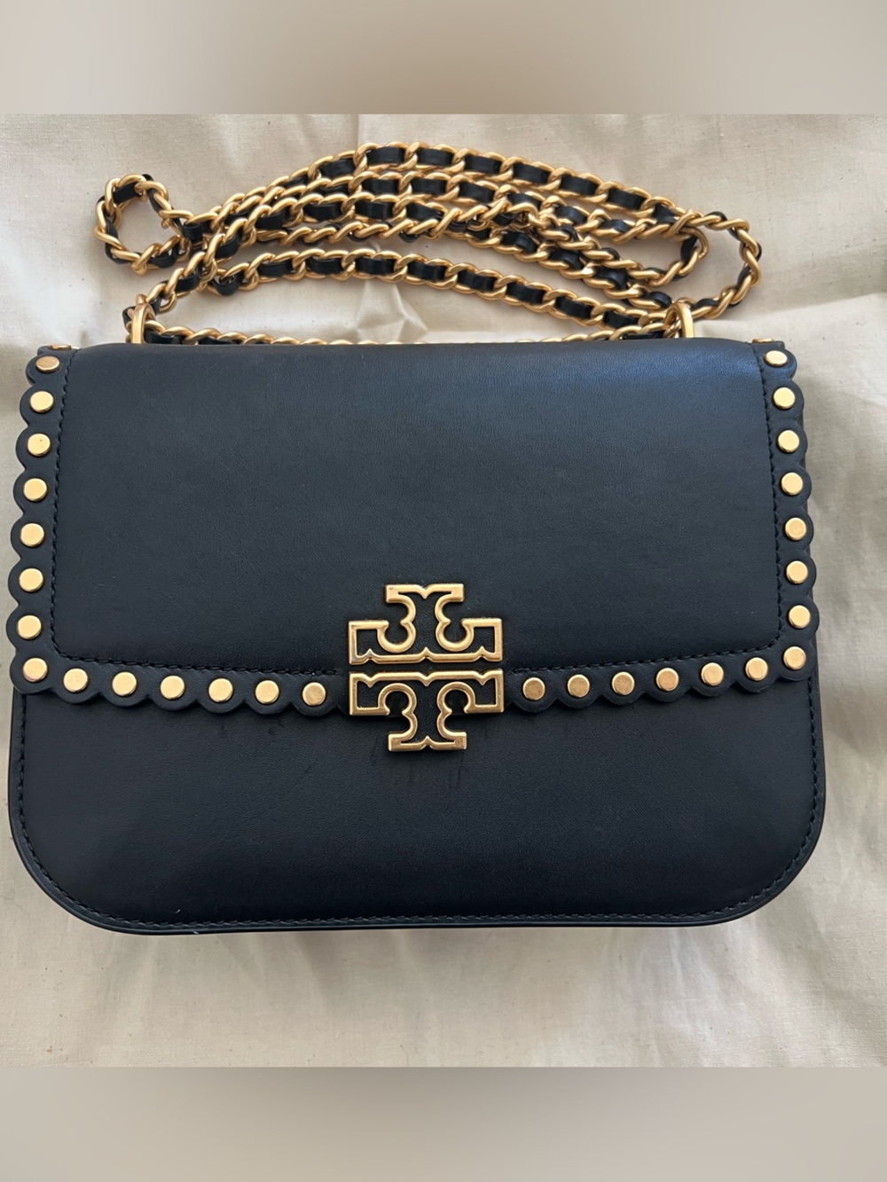 Tory Burch Black Leather Studded Crossbody with Gold Chain